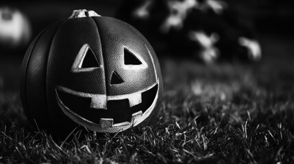 Wall Mural - A black and white photograph of a carved jack-o'-lantern resting on a bed of green grass. The pumpkin's carved face is smiling, creating a sense of playful mischief. The image evokes themes of Hallowe