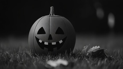 Canvas Print - A black and white photo of a carved pumpkin, or jack-o'-lantern, sitting in tall grass. The pumpkin is lit from within, and the image has a spooky, mysterious feel.  The image symbolizes Halloween, au