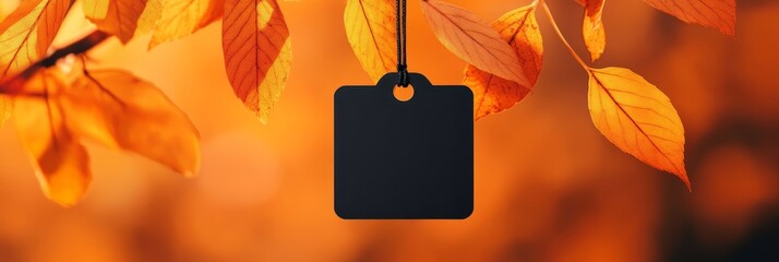 Poster - A black tag hangs from a branch with vibrant orange leaves. It symbolizes the changing seasons, a time for sales and promotions, the beauty of nature, and the opportunity to embrace new beginnings.