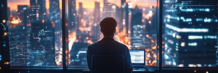 Sticker - A businessman sits at his desk, facing a large window with a view of a cityscape. The city is lit up at night, and the lights create a beautiful and inspiring backdrop. The businessman is dressed in a