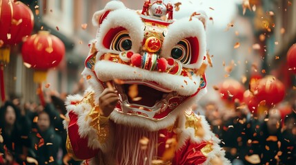 A lion dance performer in a traditional red and gold costume with white fur, against a background of confetti and red lanterns.