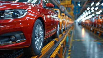 Wall Mural - A vibrant red car is prominently positioned on a manufacturing assembly line in an automotive factory, emphasizing the production process with similar vehicles in the background.