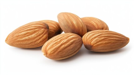 Wall Mural - Close-up of five almonds with a white background.