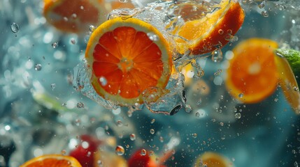 Wall Mural - Close-up of orange slices splashing in water with air bubbles.