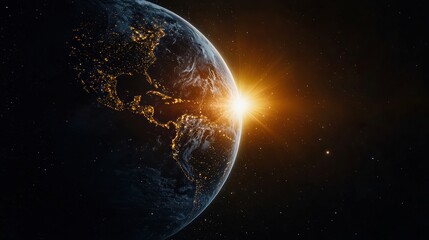 Wall Mural - Realistic cosmic image of Earth rotating in space, with one half illuminated by the rising sun and the other half in darkness.