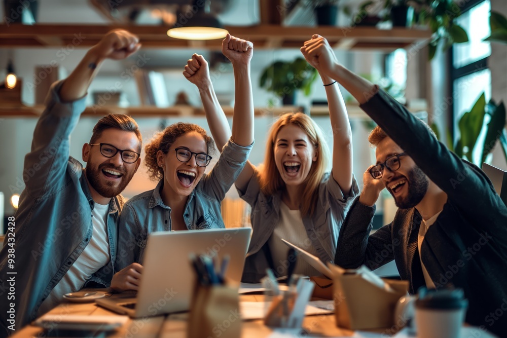 Excited Business Team Celebrating Success Together in Modern Office ...