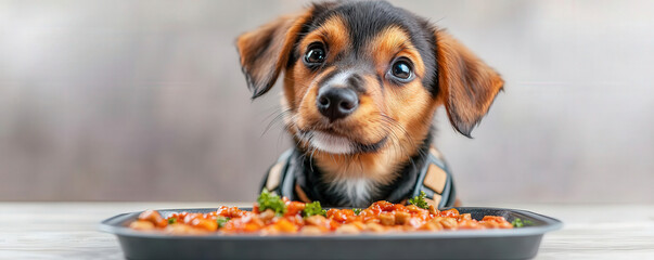 A curious puppy eagerly looks at a bowl of food, showcasing its playful and adorable personality in a cozy setting.