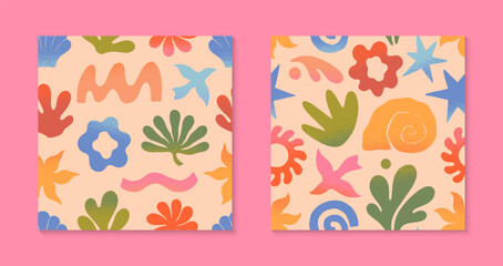 Wall Mural - vector summer nature artistic seamless patterns with hand drawn palm,sun,coral,seashell,wave.trendy 