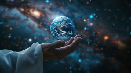 Sticker - a hand holds a glowing earth in front of a galaxy.