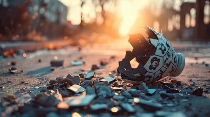 Poster - pieces of a broken ceramic vase featuring black designs strewn across a soiled roadway in daylight.