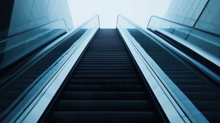 Low-angle view of an escalator ascending in a sleek, modern corporate building, symbolizing progress, success, and upward mobility in a business context.