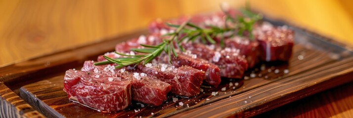 Poster - Raw meat cuts displayed on a wooden platter and topped with salt.