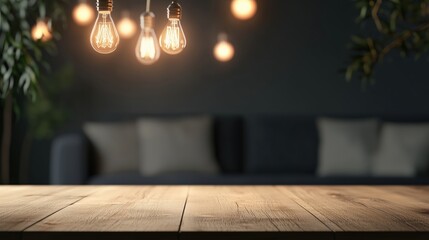 Wooden table in front of a blurred modern living room with hanging light bulbs, ideal for showcasing home decor or lifestyle products in a cozy setting.