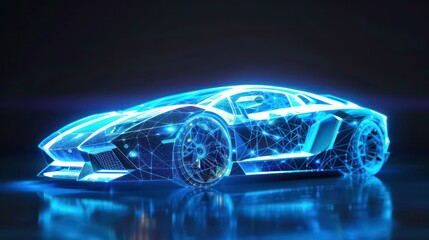Wall Mural - a futuristic sports car rendered in a digital wireframe, glowing with blue light, and reflecting on 