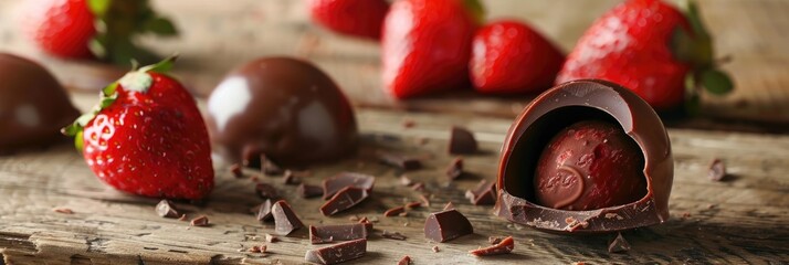 Wall Mural - Irresistible Chocolate Truffle Stuffed with Fresh Strawberry