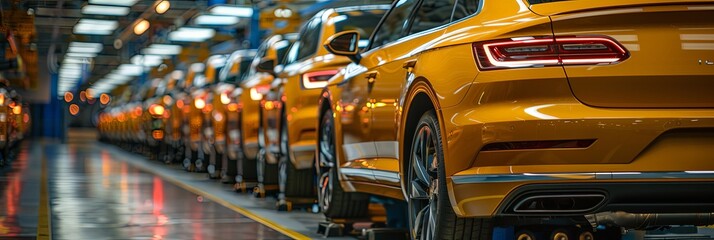 Wall Mural - Golden cars are lined up in a car production line under bright factory lights, showcasing their vibrant finishes, streamlined designs, and advanced automotive manufacturing techniques.