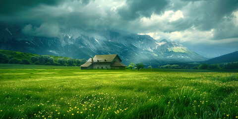 Wall Mural - A green field on a mountain landscape