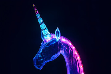 Wall Mural - Glowing neon crystal unicorn horn headband isolated on black background.