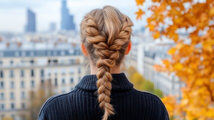 a woman with two braided hairstyles gazes over an urban cityscape, surrounded by autumnal colors rep