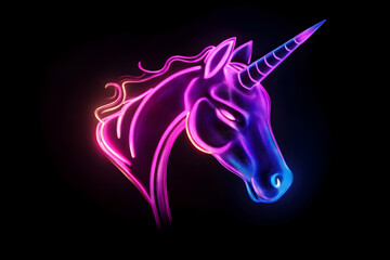 Wall Mural - Glowing neon crystal unicorn horn headband isolated on black background.