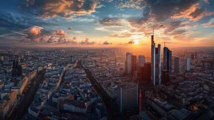 Wall Mural - A city skyline at dusk with a beautiful orange sky