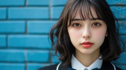 Canvas Print - Young woman with a stylish haircut poses against a blue brick wall