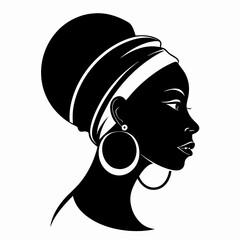 Wall Mural - A minimalist side profile silhouette of an African woman wearing a headwrap, with large hoop earrings, drawn in a monochrome style. Beautiful African female character silhouette logo design