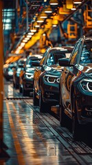 Wall Mural - A row of sleek black cars is seen under the intense illumination of factory lights, showcasing the precision and order within an advanced car manufacturing facility.