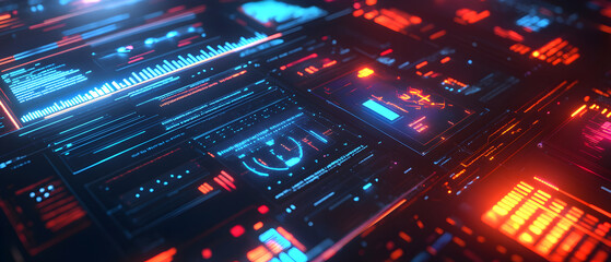 Abstract futuristic interface with glowing blue and red digital elements.