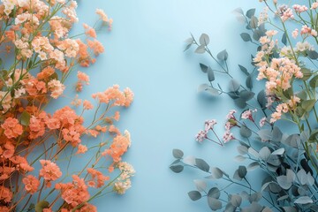 Wall Mural - Dried Flowers Against a Light Blue Wall, Natural Beauty Wallpaper, Isolated Floral Design, Calm Relaxing Cottagecore Backdrop, Autumn Abstract Background