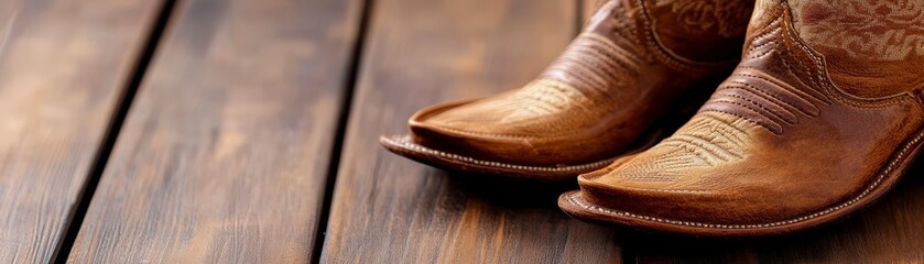 Close-up of two brown cowboy boots on a wooden surface.