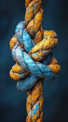 Poster - Close-Up of a Weathered Blue and Yellow Rope Knot