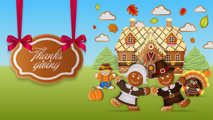 Wall Mural - thanksgiving banner with gingerbread man and woman with pilgrim clothes. thanksgiving background with gingerbread landscape