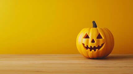 Wall Mural - An autumnal scene with a carved Halloween pumpkin against a yellow wall and a wooden table