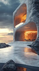 Wall Mural - Modern, cave-like house with large, glowing windows overlooking a reflective water pool and dramatic cloudy sky