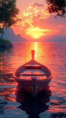 Wall Mural - Wooden boat sits on calm water, with a vibrant orange and pink sunset and surrounding trees reflecting in the lake