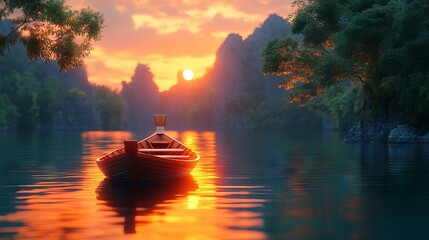 Wall Mural - Wooden boat floats on a serene lake during sunset, surrounded by lush green trees and distant rocky mountains