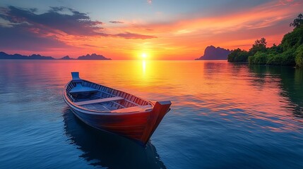 Wall Mural - Lone wooden boat floats on calm water beneath a vibrant sunset sky with serene mountains and forests in the background