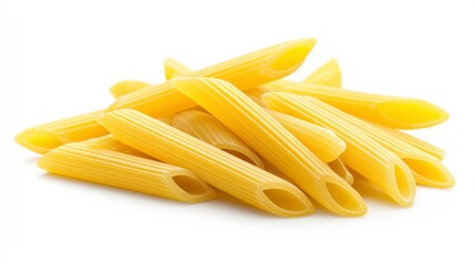 Wall Mural - A close-up of uncooked penne pasta on a white background.