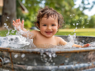 Sticker - A baby is splashing in a metal tub. The baby is smiling and waving at the camera