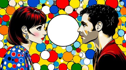 In a vibrant, abstract style, two silhouettes representing communication and dialogue are depicted in conversation with speech bubbles.