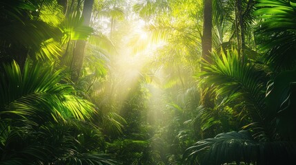 A lush green jungle with sunlight shining through the trees