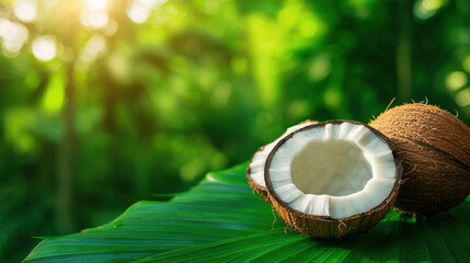 Fresh coconut half rests on a vibrant green leaf, showcasing its creamy interior against a lush tropical background.