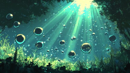 Soft, filtered light illuminates bubbles rising gently underwater in a tranquil environment