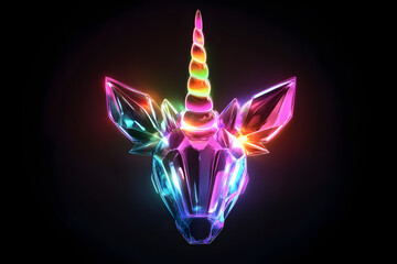 Wall Mural - Futuristic neon illustration of a crystal unicorn horn headband isolated on black background.