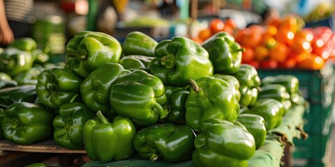 Canvas Print - Vibrant green bell peppers showcased at a marketplace.