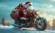 © Osadchyi_I - Santa Claus, like a cool biker, rushes at high speed along a winter road on a red motorcycle loaded with a mountain of Christmas gifts