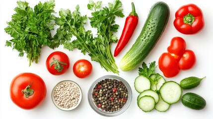 Herbs and vegetables arranged artistically on a white background to display vibrant colors and textures