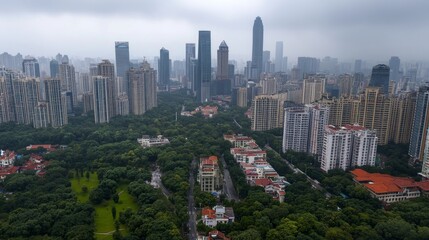 Stunning views of a modern city skyline from a lush green canopy