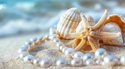 Wall Mural - A close-up of a starfish, seashells, and pearls on a sandy beach with a blurred background of blue water.